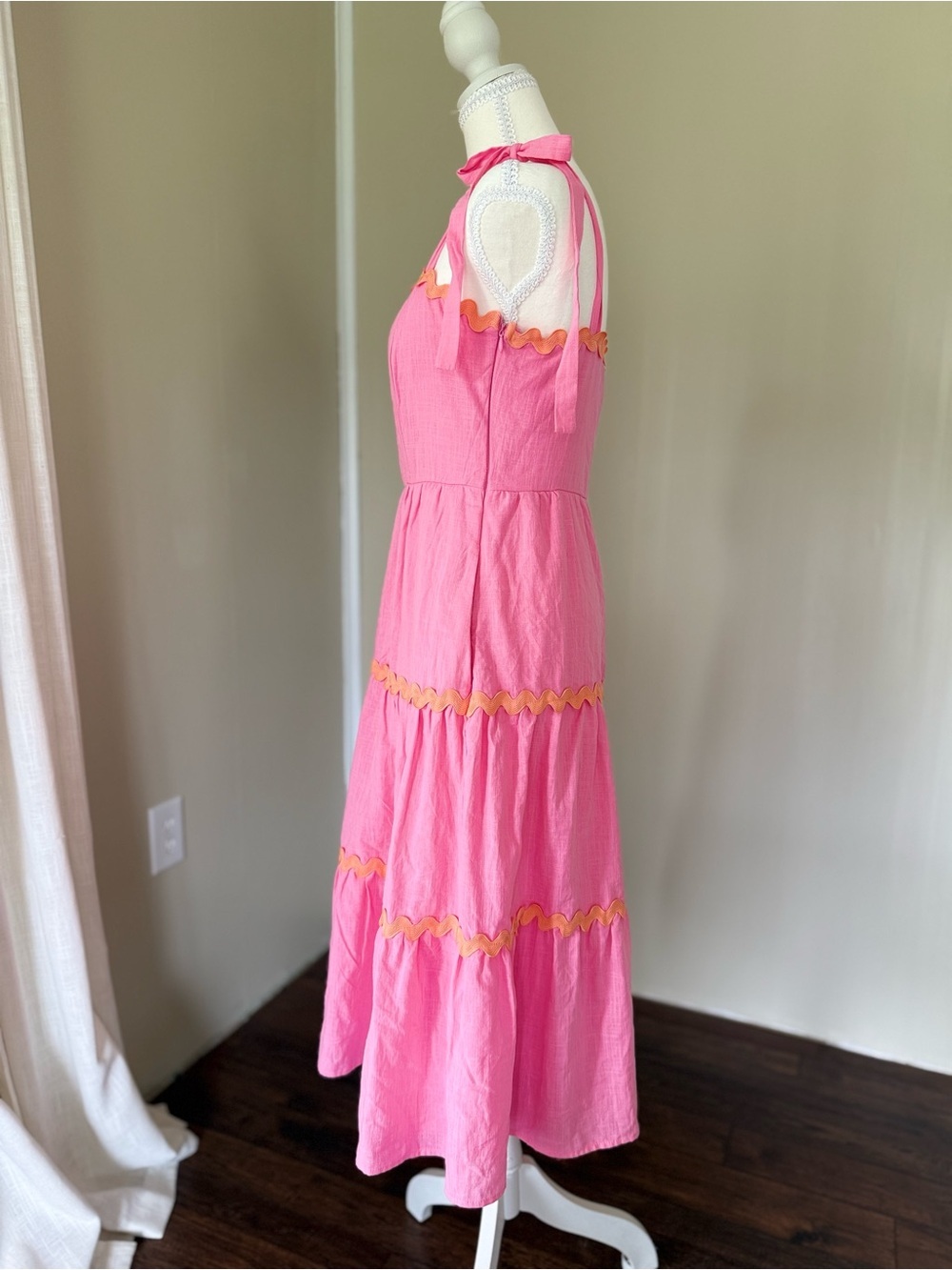 NEW Francesca's Midi Dress Pink Tiered Bow Tie-Shoulder Dress Orange Trim S - Picture 4 of 7